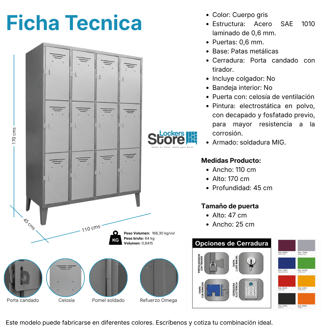 Ficha técnica y medidas de Locker Metálico Casillero de 16 Puertas – 4 Cuerpos Cuadruples