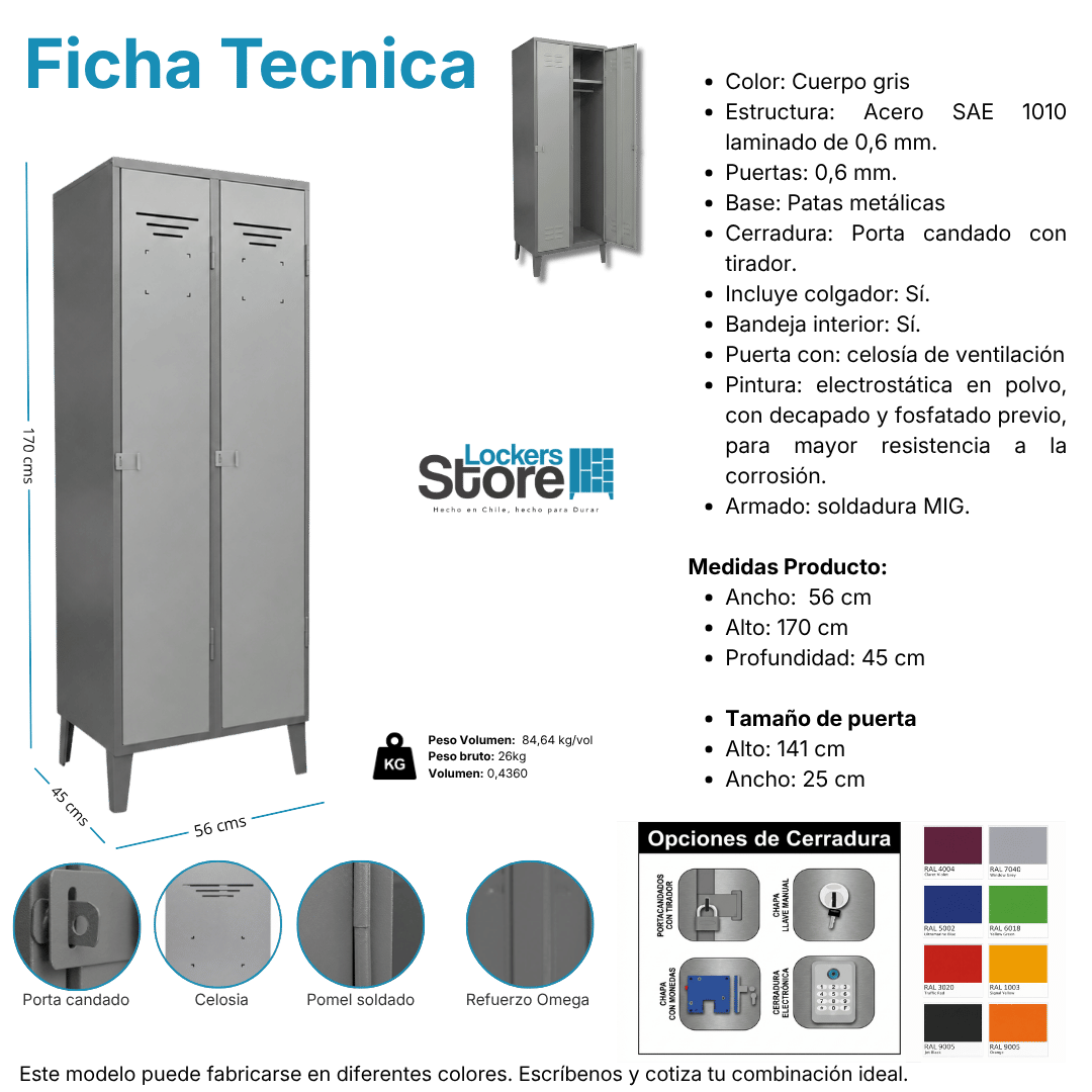 Ficha técnica y medidas de Locker Metálico 02 Puerta - 02 Cuerpos Simples