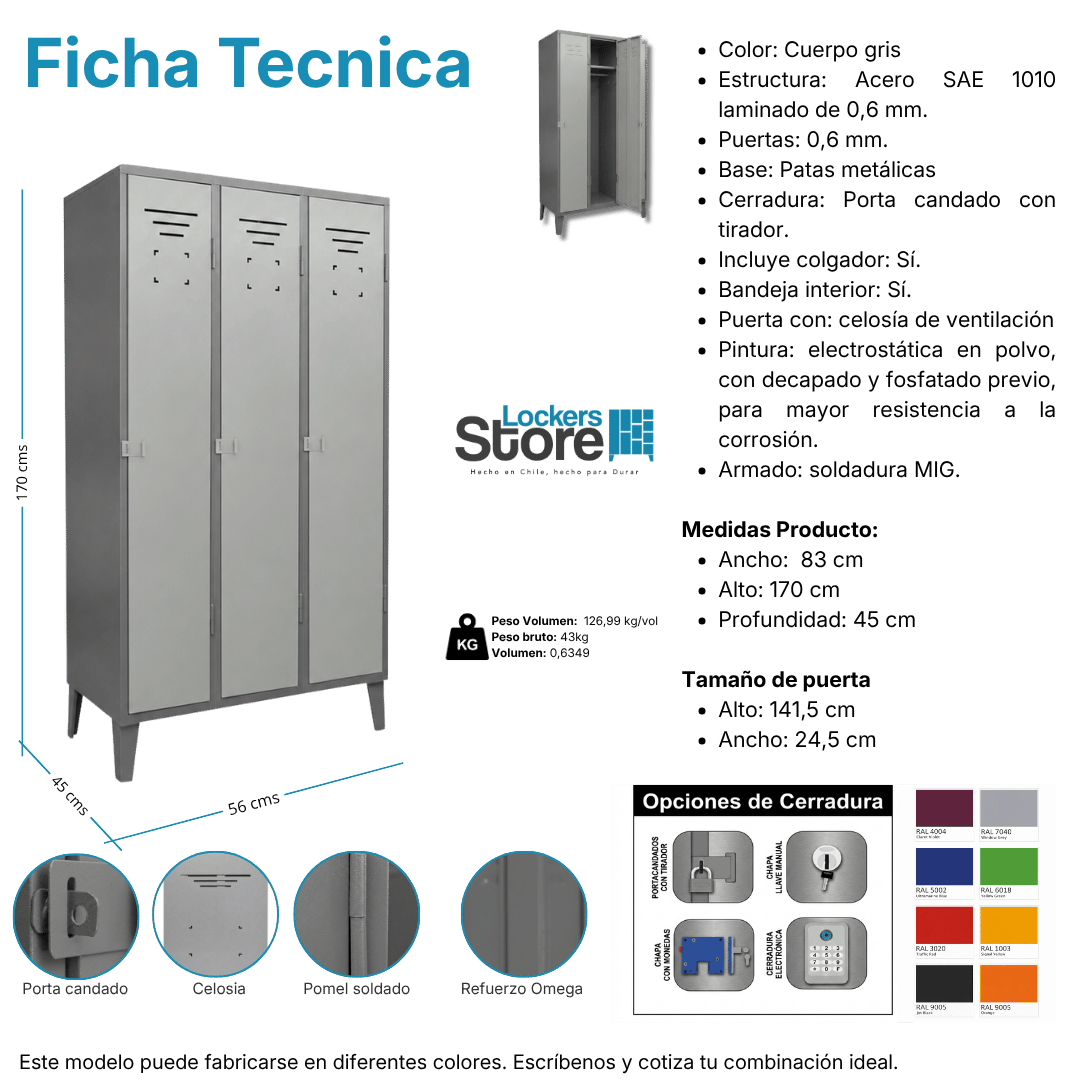 Ficha técnica y medidas de Locker Metálico 03 Puertas - 3 Cuerpos Simples
