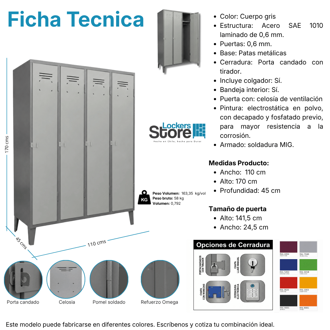 Ficha técnica y medidas de Locker Metálico 04 Puertas - 4 Cuerpos Simples