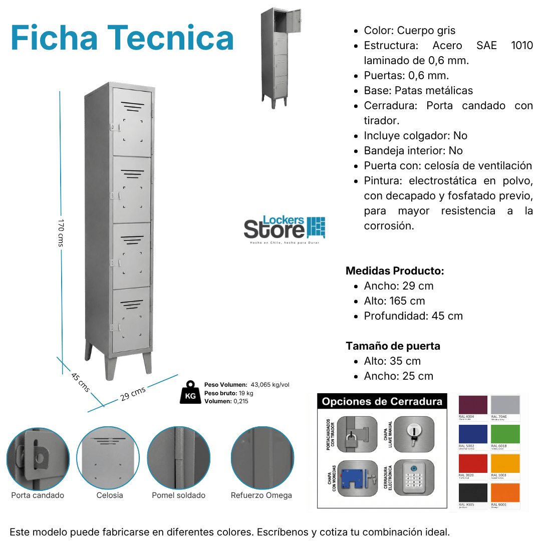 Ficha técnica y medidas de Locker Metálico 04 Puertas – 1 Cuerpo Cuadruple