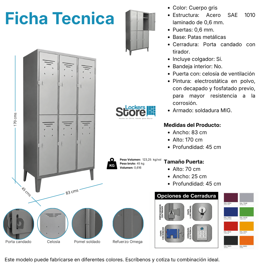 Ficha técnica y medidas de Locker Metálico 06 Puertas - 03 Cuerpos Dobles