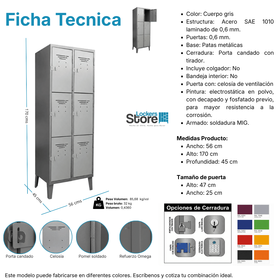 Ficha técnica y medidas de Locker Metálico 06 Puertas - 2 Cuerpos Triples