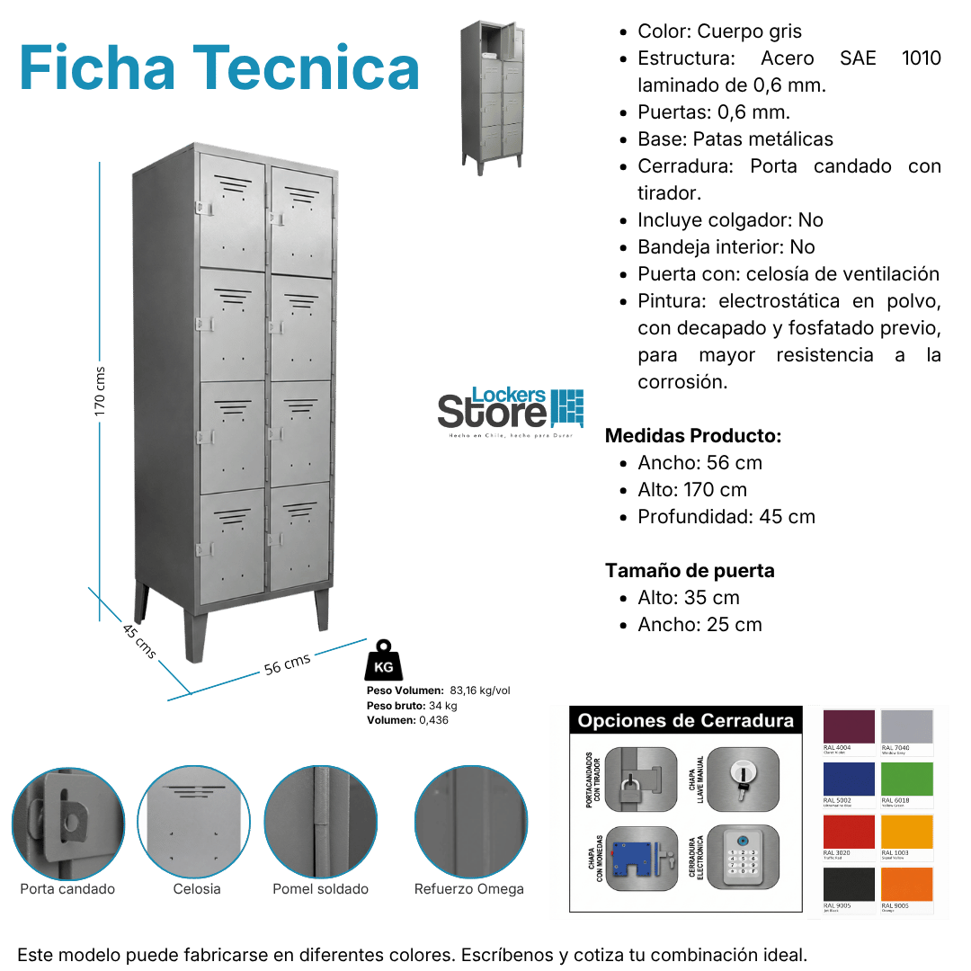 Ficha técnica y medidas de Locker Metálico 08 Puertas - 02 Cuerpos Cuadruples