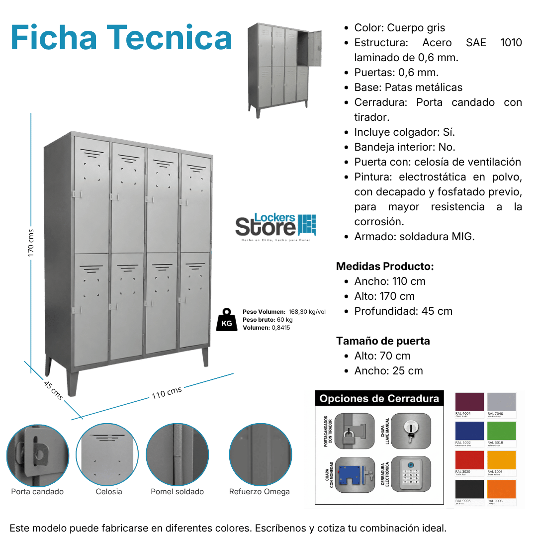 Ficha técnica y medidas de Locker Metálico 08 Puertas – 4 Cuerpos Dobles