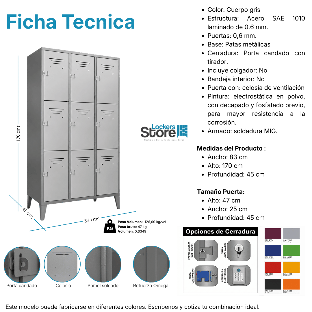 Ficha técnica y medidas de Locker Metálico 09 Puertas - 3 Cuerpos Triples