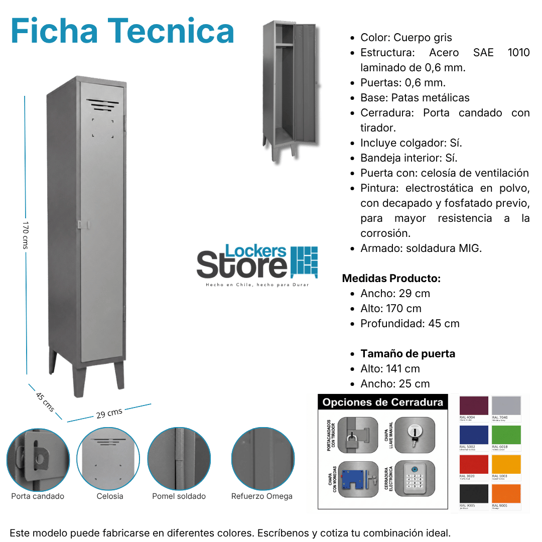 Ficha técnica y medidas de Locker Metálico 1 Puerta - 1 Cuerpo Simple