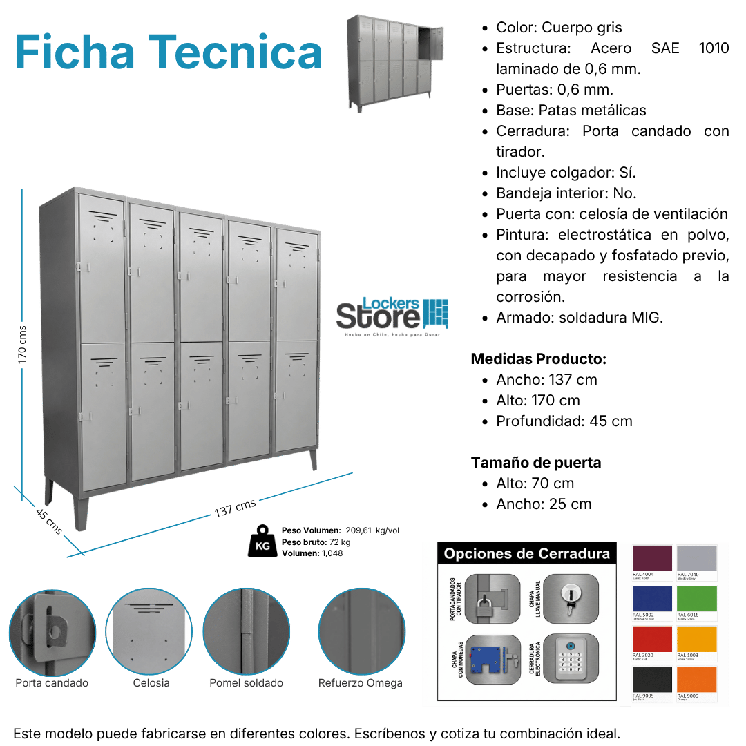 Ficha técnica y medidas de Locker Metálico 10 Puertas – 5 Cuerpos Dobles