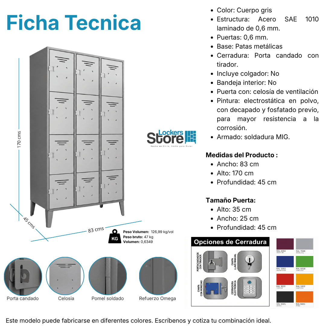 Ficha técnica y medidas de Locker Metálico 12 Puertas – 3 Cuerpos Cuadruples