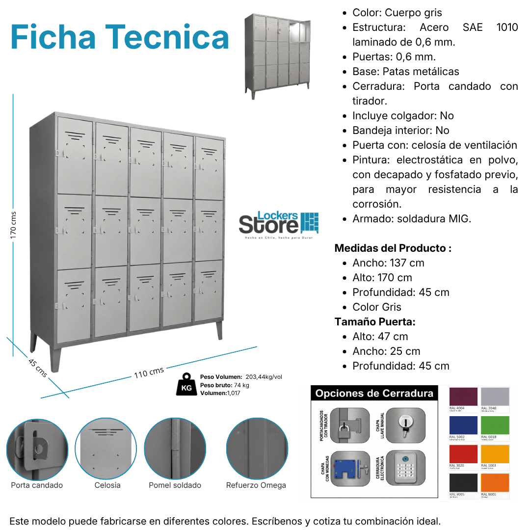 Ficha técnica y medidas de Locker Metálico 15 Puertas - 5 Cuerpos Triples