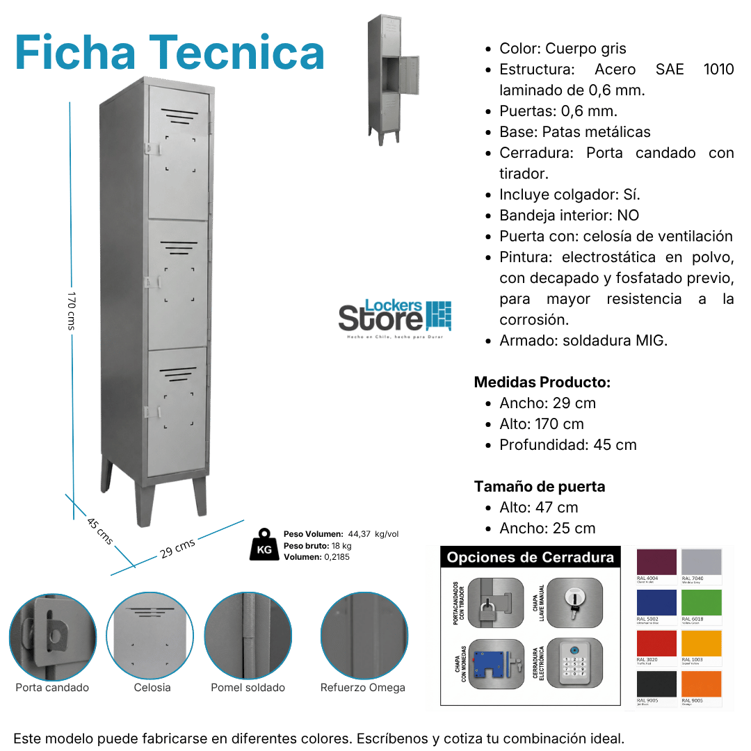 Ficha técnica y medidas de Locker Metálico 3 Puertas - 1 Cuerpo Triple