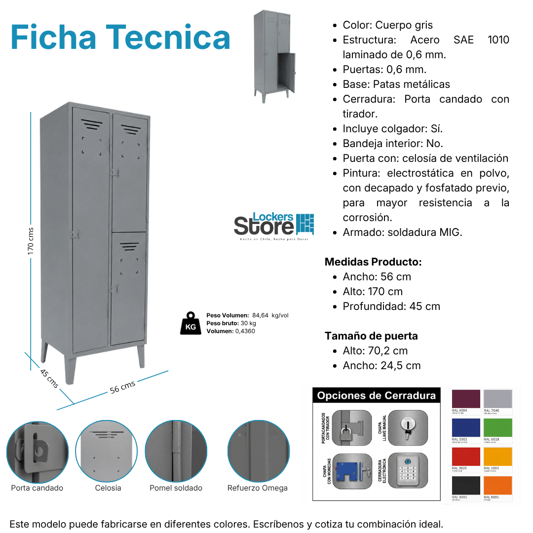 Ficha técnica y medidas de Locker Metálico 3 Puertas - 2 Cuerpos