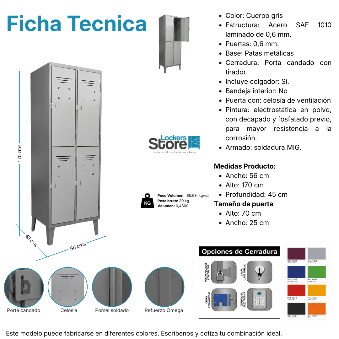 Ficha técnica y medidas de Locker Metálico 4 Puertas - 2 Cuerpos Dobles