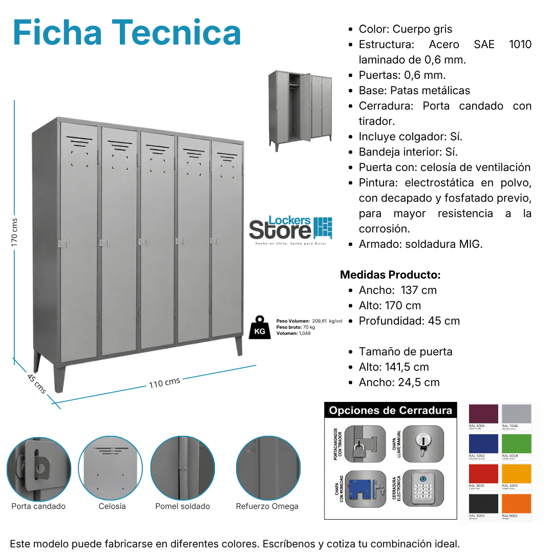 Ficha técnica y medidas de Lockers Metálicos 05 Puertas - 05 Cuerpos Simples