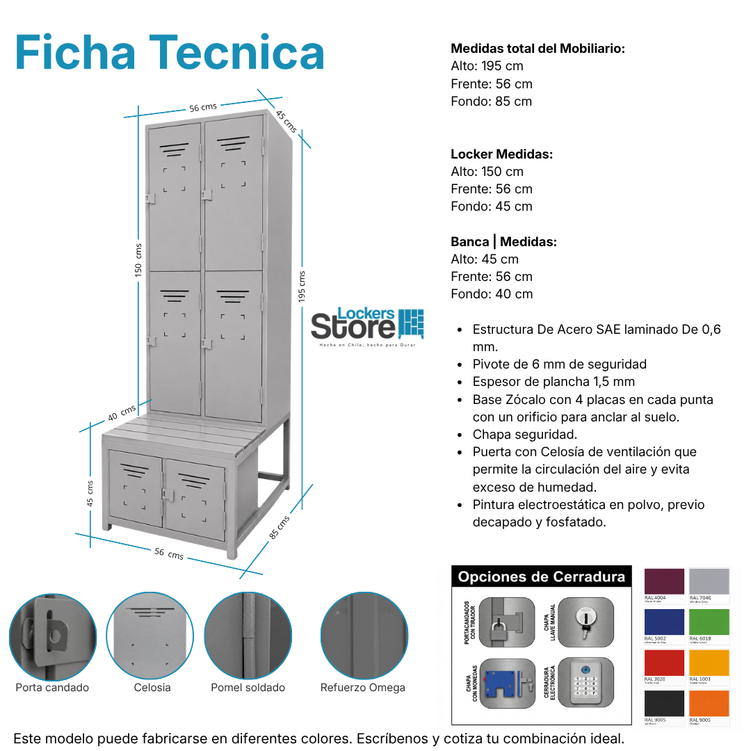 Ficha técnica y medidas de Locker Minería - 06 Puertas | Banca incluida