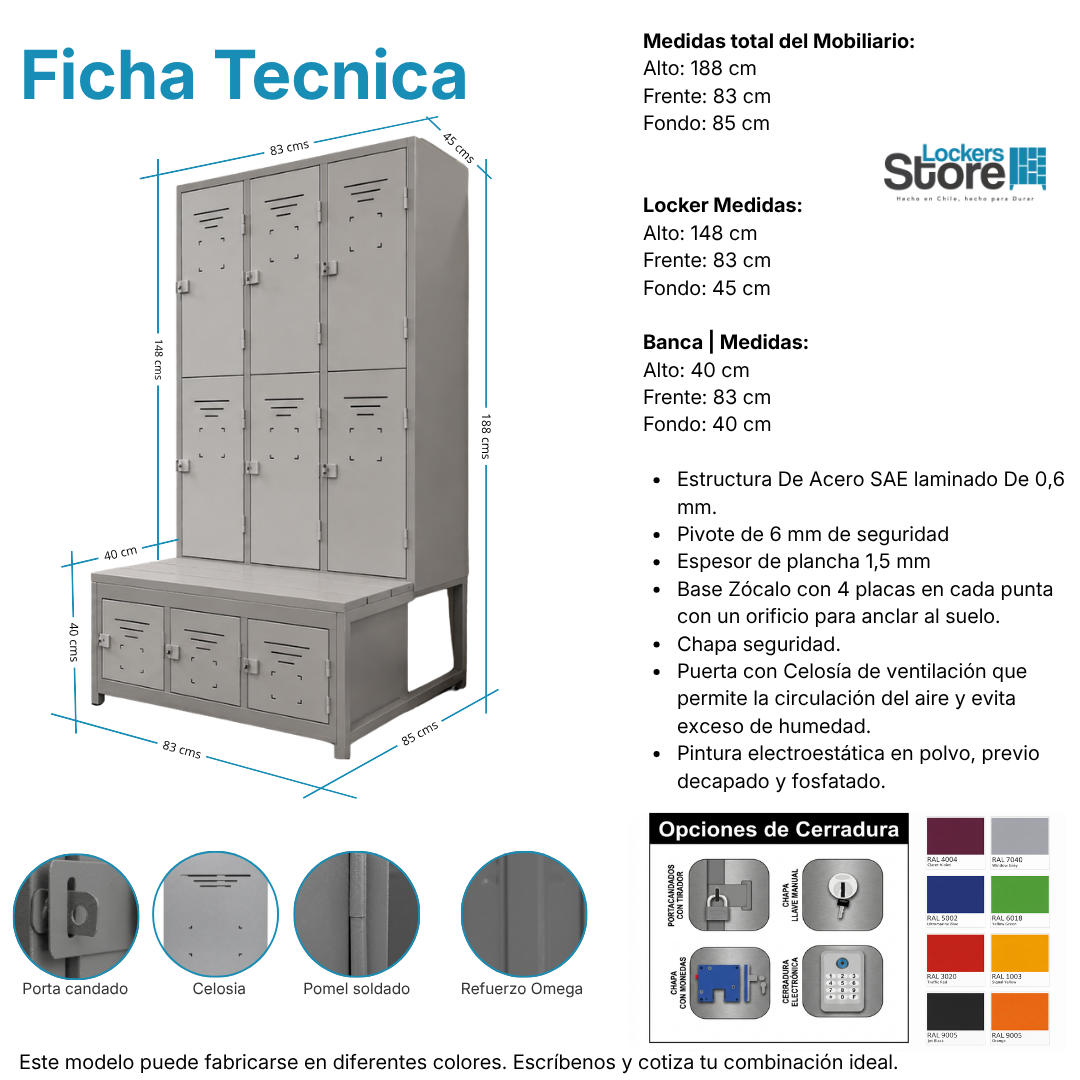 Ficha técnica y medidas de Locker Minería - 09 Puertas | Banca incluida
