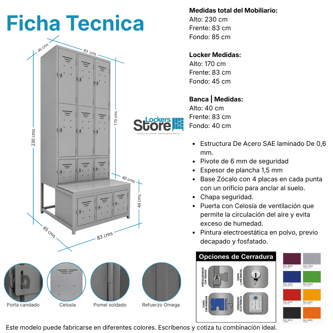 Ficha técnica y medidas de Locker Minería - 12 Puertas | Banca incluida