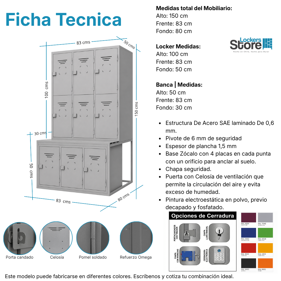 Ficha técnica y medidas de Locker Minería Especial - 09 Puertas | Banca incluida